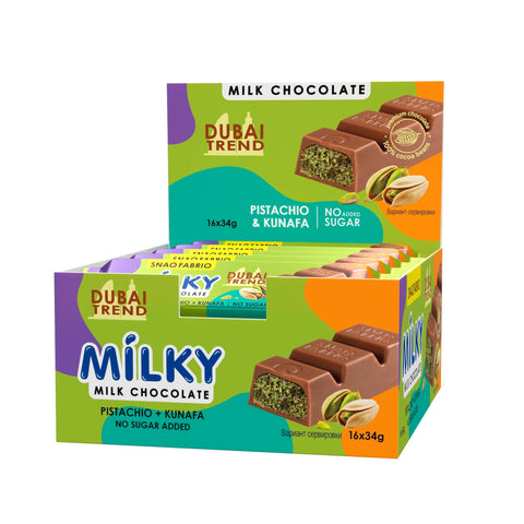 Snaq Fabriq Dubai Trend Milky Milk Chocolate Bar with Pistachio & Kunafa Filling 34g Pack of 16