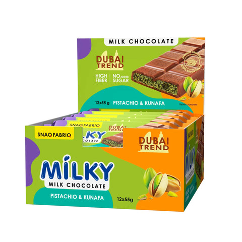 Snaq Fabriq Dubai Trend Milky Milk Chocolate Bar with Pistachio & Kunafa Filling 55g Pack of 12