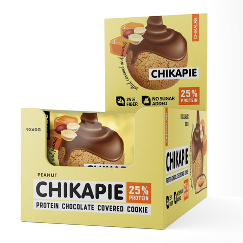 Chikalab Chikapie Protein Chocolate Covered Cookie with Salted Caramel and Peanuts Filling 60g Pack of 9