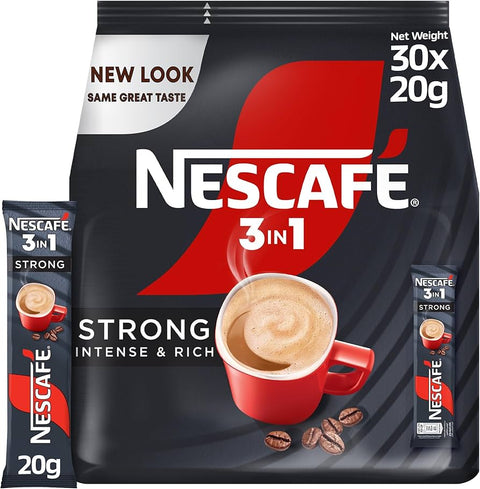 Nescafe 3 In 1 Strong Intense & Rich Instant Coffee, 20g, Pack of 30