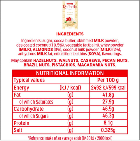 Raffaello Coconut & Almond White Chocolate Bar, 100g